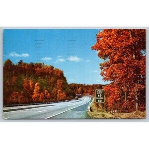 Postcard Pennsylvania Turnpike Fall Autumn c1950s Posted Stamp Ohio Speed Limit